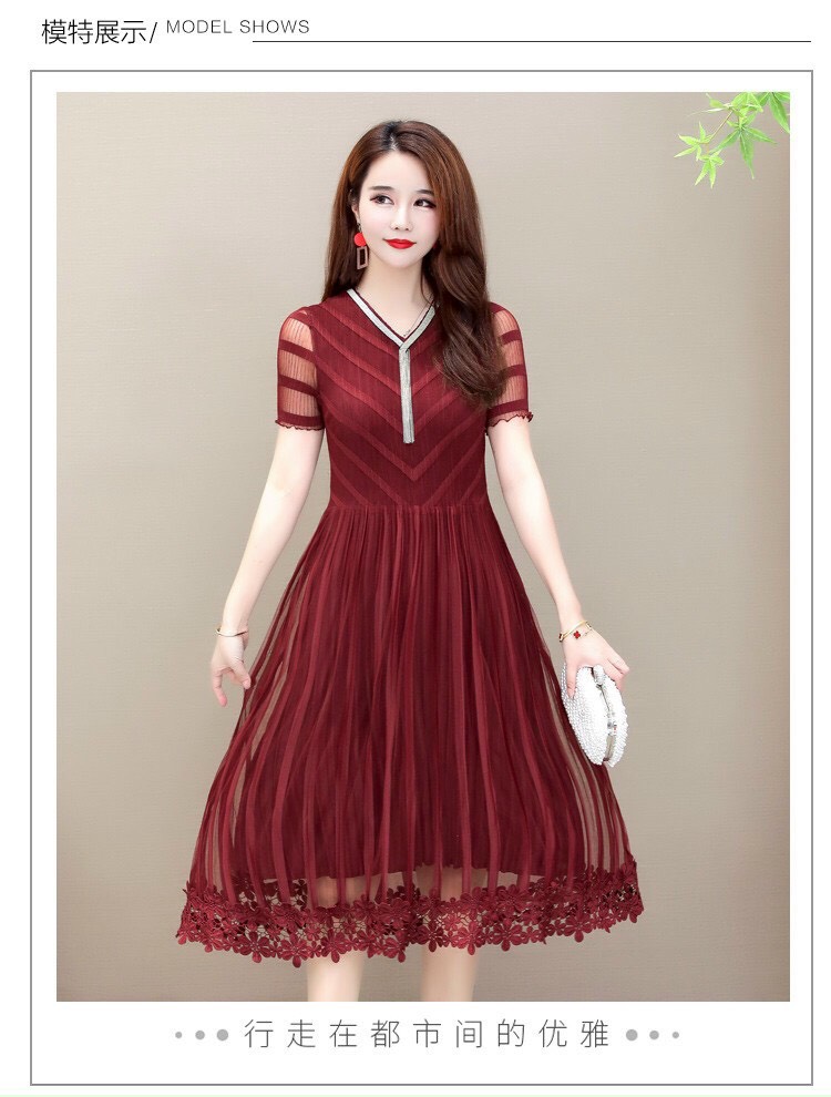 Đầm Dập Ly Phối Cổ Cườm Cao Cấp - HN907